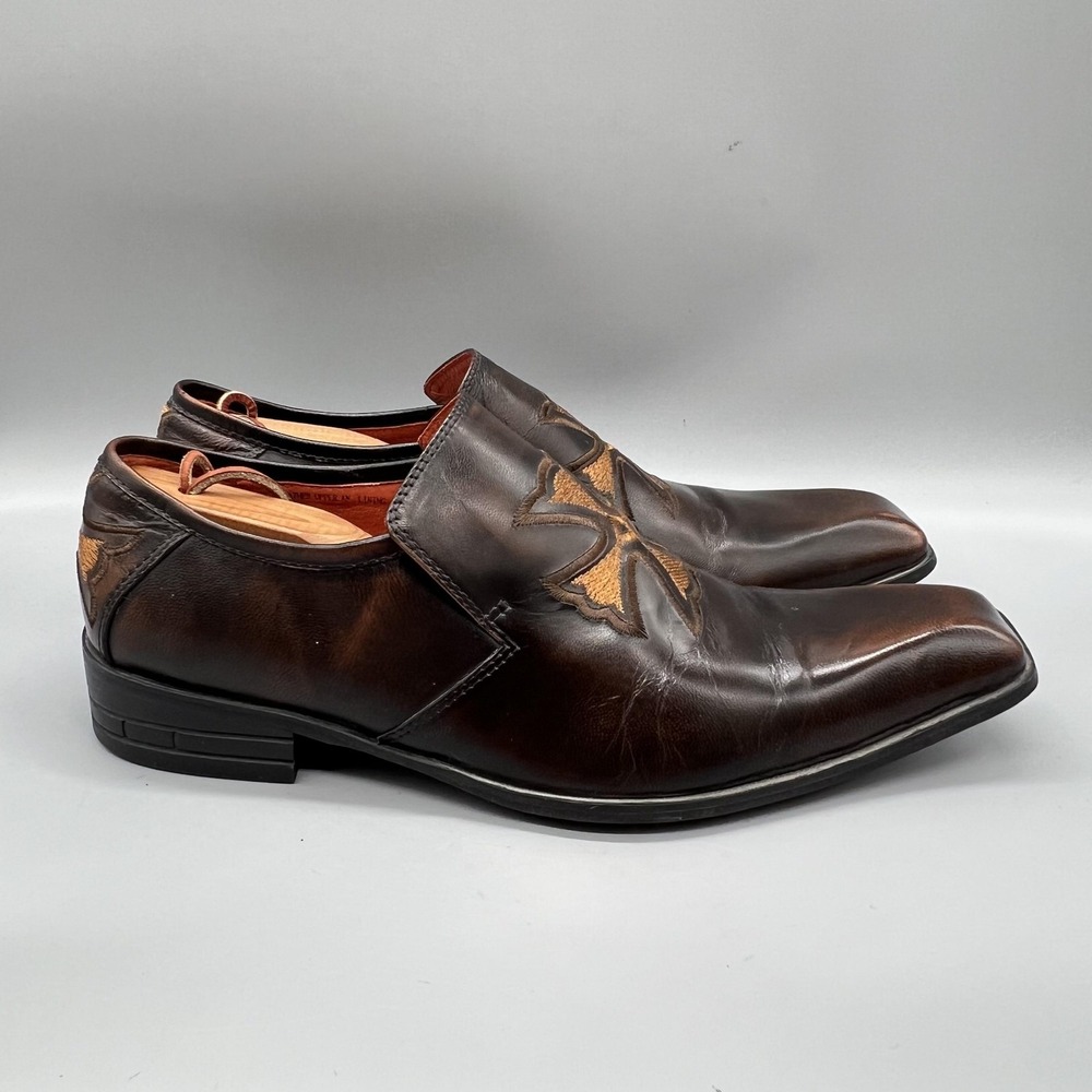 Robert Wayne Shoes Mens 11 Brown Leather Joker Slip On Oxford Dress Square Toe